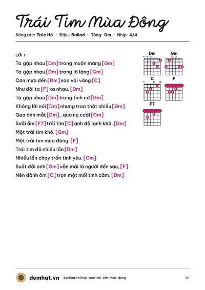 Hợp âm Trái Tim Mùa Đông (Don Hồ) – bản nhạc PDF trang 1, tông Dm