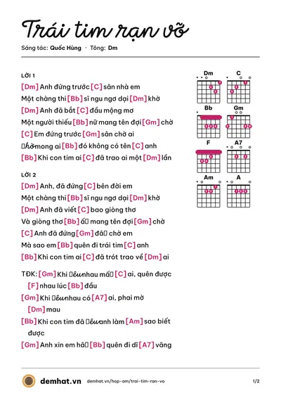 Hợp âm Trái tim rạn vỡ (Lương Tùng Quang) – bản nhạc PDF trang 1, tông Dm