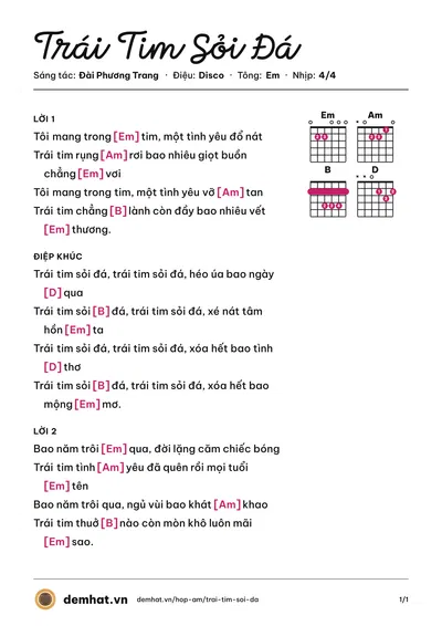 Hợp âm Trái Tim Sỏi Đá (Lê Tâm) – bản nhạc PDF trang 1, tông Em