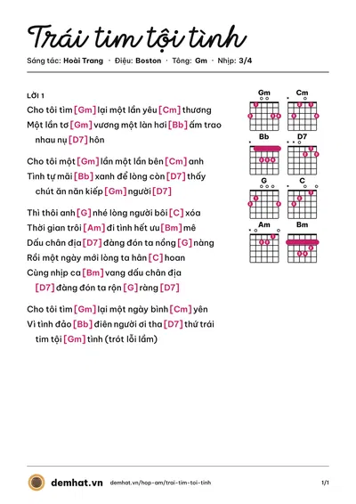 Hợp âm Trái tim tội tình (Hoài Trang) – bản nhạc PDF trang 1, tông Gm