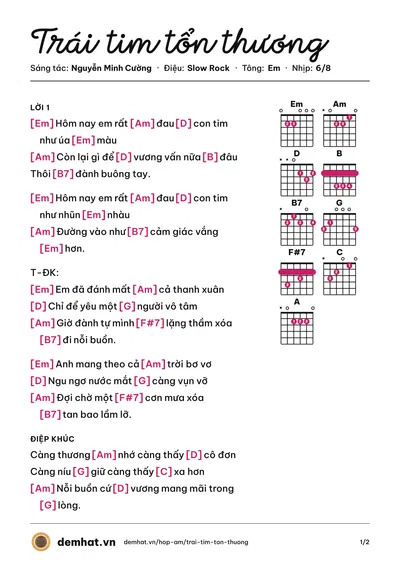 Hợp âm Trái tim tổn thương (Lệ Quyên) – bản nhạc PDF trang 1, tông Em