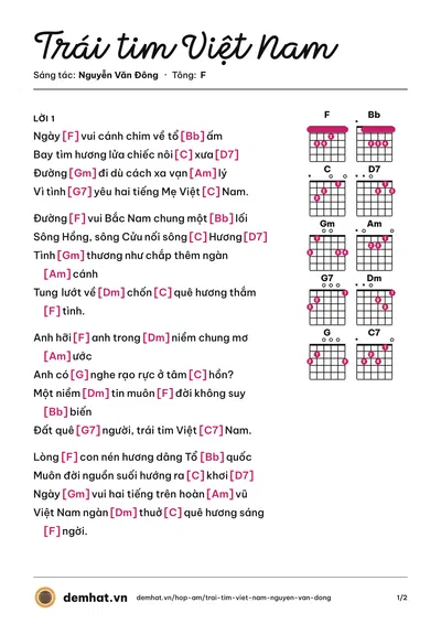 Hợp âm Trái tim Việt Nam (Tâm Hảo) – bản nhạc PDF trang 1, tông F