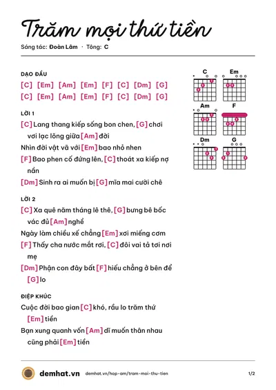 Hợp âm Trăm mọi thứ tiền (Đoàn Lâm) – bản nhạc PDF trang 1, tông C