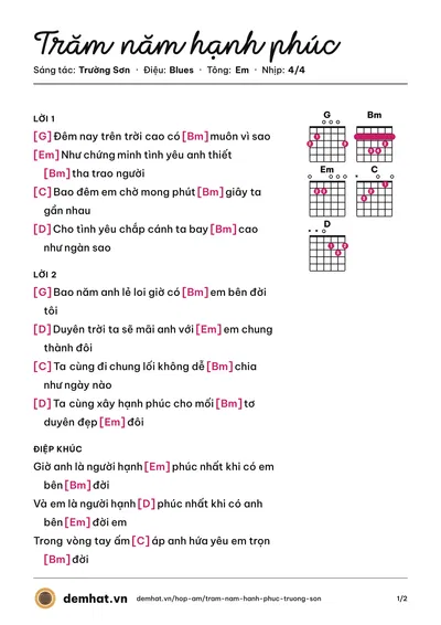Hợp âm Trăm năm hạnh phúc (Trường Sơn) – bản nhạc PDF trang 1, tông Em