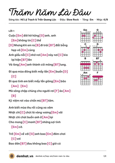 Hợp âm Trăm Năm Là Đâu (Trần Quang Lộc) – bản nhạc PDF trang 1, tông Em