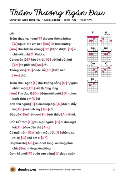 Hợp âm Trăm Thương Ngàn Đau (Mai Tiến Dũng) – bản nhạc PDF trang 1, tông Am
