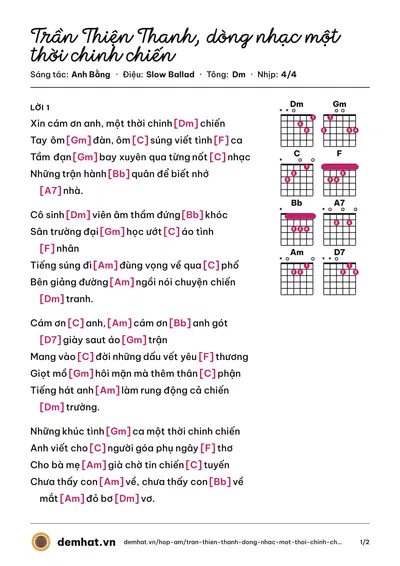 Hợp âm Trần Thiện Thanh, dòng nhạc một thời chinh chiến (Anh Bằng) – bản nhạc PDF trang 1, tông Dm