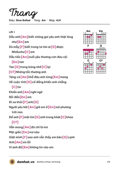 Hợp âm Trang (Iris Wu) – bản nhạc PDF trang 1, tông Am