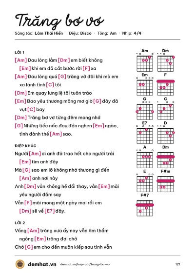 Hợp âm Trăng bơ vơ (Đàm Vĩnh Hưng) – bản nhạc PDF trang 1, tông Am