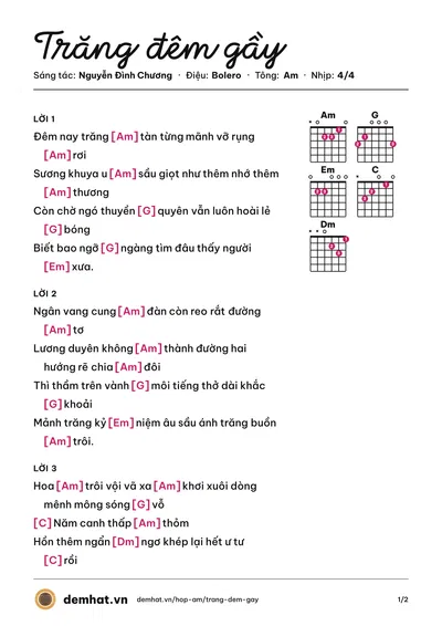 Hợp âm Trăng đêm gầy (Nguyễn Đình Chương) – bản nhạc PDF trang 1, tông Am