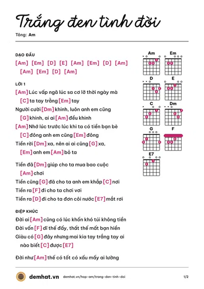 Hợp âm Trắng đen tình đời (Ngọc Ánh Sáng) – bản nhạc PDF trang 1, tông Am