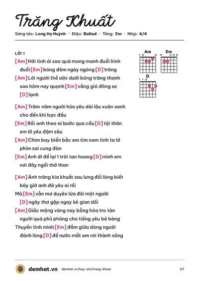 Hợp âm Trăng Khuất (Vân JP) – bản nhạc PDF trang 1, tông Em