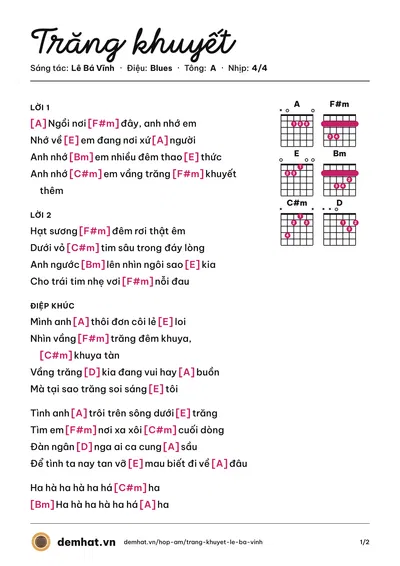 Hợp âm Trăng khuyết (Đan Trường) – bản nhạc PDF trang 1, tông A