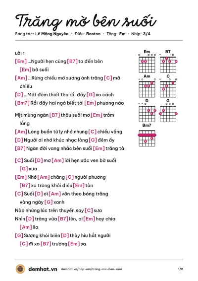 Hợp âm Trăng mờ bên suối (Quang Dũng) – bản nhạc PDF trang 1, tông Em