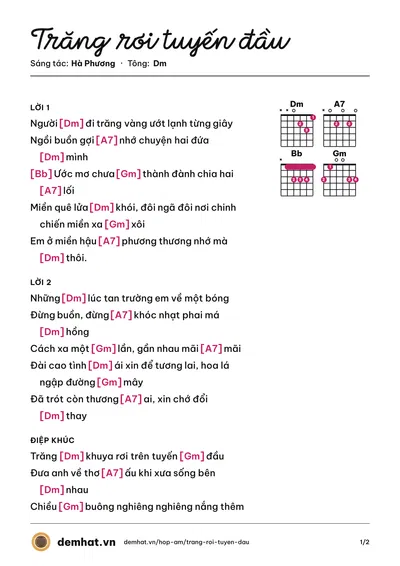 Hợp âm Trăng rơi tuyến đầu (Thanh Tuyền (trước 75)) – bản nhạc PDF trang 1, tông Dm