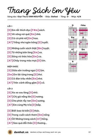 Hợp âm Trang Sách Em Yêu (VINH NGUYỄN) – bản nhạc PDF trang 1, tông D
