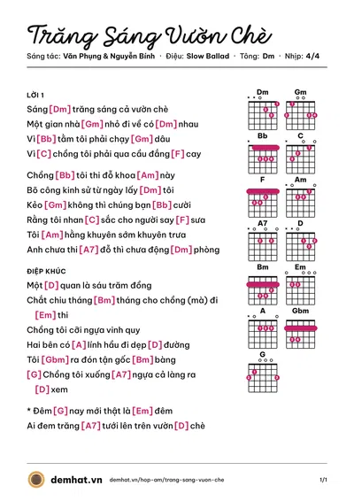 Hợp âm Trăng Sáng Vườn Chè (Thu Hiền) – bản nhạc PDF trang 1, tông Dm