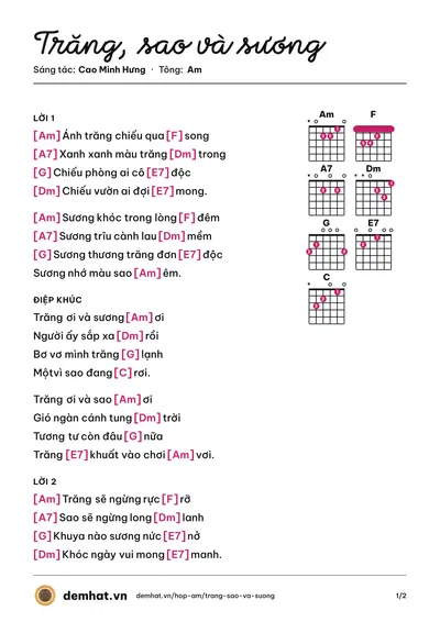 Hợp âm Trăng, sao và sương (Diệu Hiền) – bản nhạc PDF trang 1, tông Am