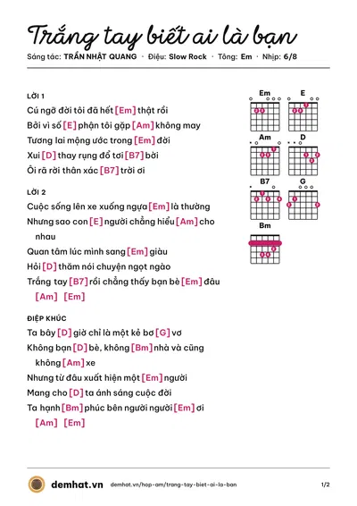 Hợp âm Trắng tay biết ai là bạn (TRẦN NHẬT QUANG) – bản nhạc PDF trang 1, tông Em
