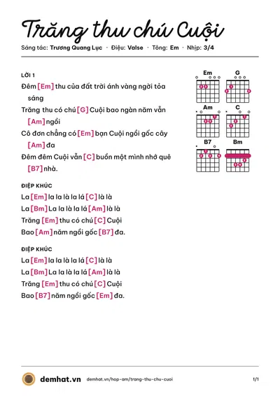 Hợp âm Trăng thu chú Cuội (Bé Anh Thư) – bản nhạc PDF trang 1, tông Em