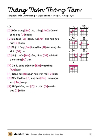 Hợp âm Trăng Tròn Tháng Tám (Bé Hồng Ân) – bản nhạc PDF trang 1, tông C