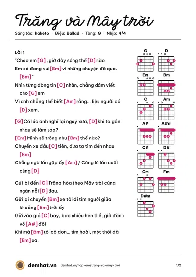 Hợp âm Trăng và Mây trời (haketo) – bản nhạc PDF trang 1, tông G