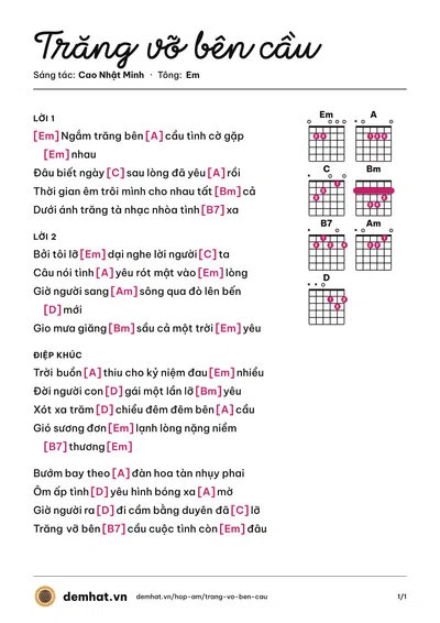 Hợp âm Trăng vỡ bên cầu (Cao Nhật Minh) – bản nhạc PDF trang 1, tông Em