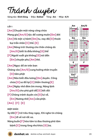 Hợp âm Tránh duyên (Đình Dũng) – bản nhạc PDF trang 1, tông Am