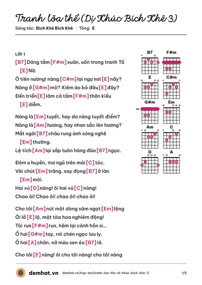 Hợp âm Tranh lõa thể (Dị Khúc Bích Khê 3) (Tuyết Mai) – bản nhạc PDF trang 1, tông E
