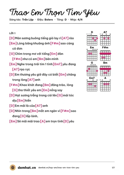 Hợp âm Trao Em Trọn Tim Yêu (Bằng Kiều) – bản nhạc PDF trang 1, tông D