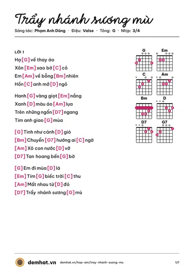 Hợp âm Trẩy nhánh sương mù (Mỹ Tâm) – bản nhạc PDF trang 1, tông G