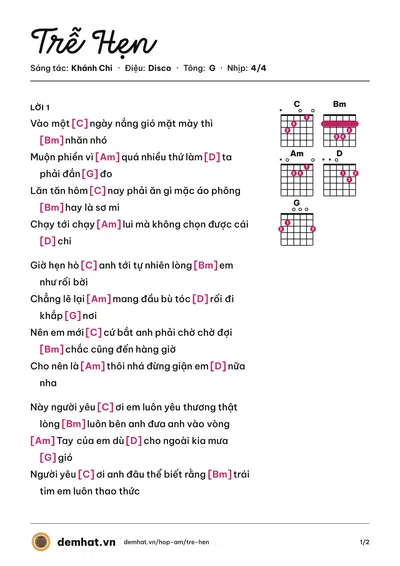 Hợp âm Trễ Hẹn (Khánh Chi) – bản nhạc PDF trang 1, tông G