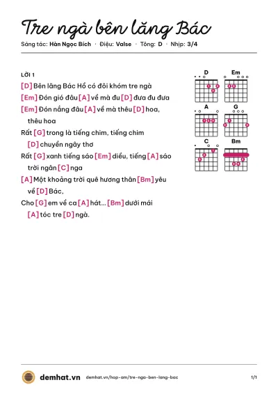 Hợp âm Tre ngà bên lăng Bác (Tốp ca thiếu nhi) – bản nhạc PDF trang 1, tông D