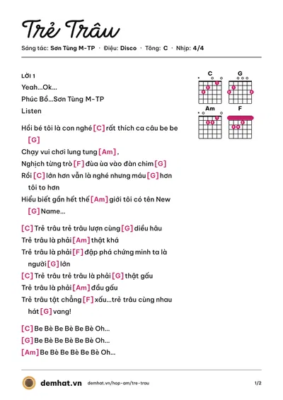 Hợp âm Trẻ Trâu (Phúc Bồ) – bản nhạc PDF trang 1, tông C