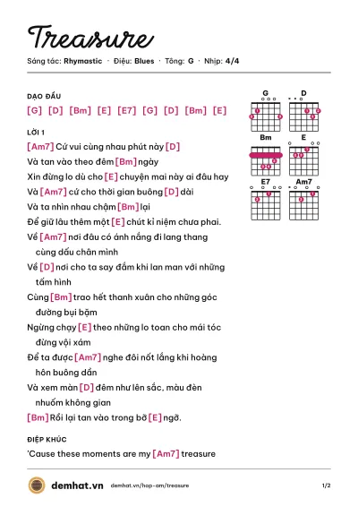 Hợp âm Treasure (Rhymastic) – bản nhạc PDF trang 1, tông G
