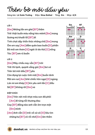 Hợp âm Trên bờ môi dấu yêu (Tuấn Ngọc) – bản nhạc PDF trang 1, tông Em