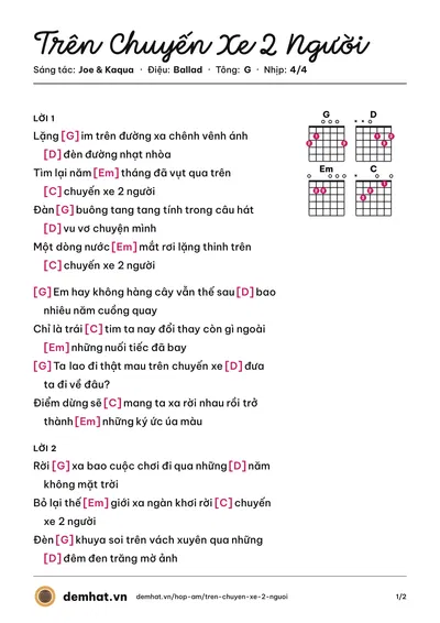 Hợp âm Trên Chuyến Xe 2 Người (Kaqua) – bản nhạc PDF trang 1, tông G
