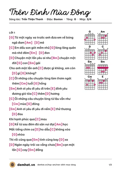 Hợp âm Trên Đỉnh Mùa Đông (Lam Trường) – bản nhạc PDF trang 1, tông G