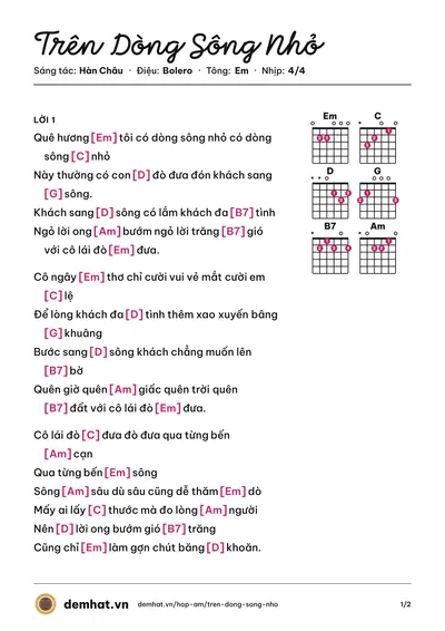 Hợp âm Trên Dòng Sông Nhỏ (Tâm Đoan) – bản nhạc PDF trang 1, tông Em