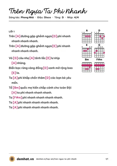 Hợp âm Trên Ngựa Ta Phi Nhanh (Hà My) – bản nhạc PDF trang 1, tông D