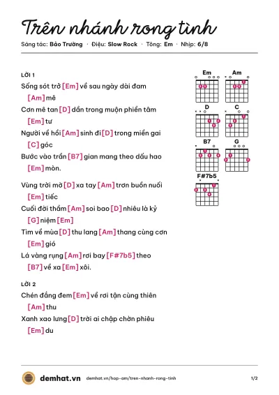 Hợp âm Trên nhánh rong tình (Tuấn Ngọc) – bản nhạc PDF trang 1, tông Em