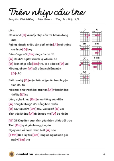 Hợp âm Trên nhịp cầu tre (Tuấn Vũ) – bản nhạc PDF trang 1, tông D