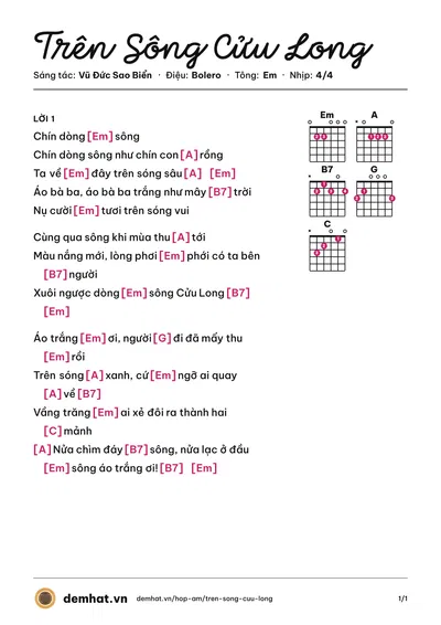 Hợp âm Trên Sông Cửu Long (Thùy Trang) – bản nhạc PDF trang 1, tông Em