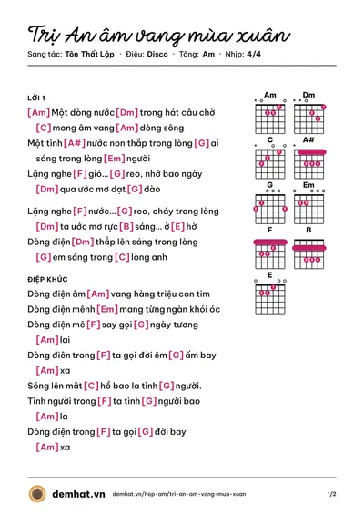 Hợp âm Trị An âm vang mùa xuân (Anh Thúy) – bản nhạc PDF trang 1, tông Am