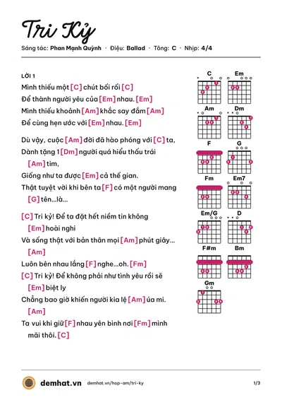 Hợp âm Tri Kỷ (Phan Mạnh Quỳnh) – bản nhạc PDF trang 1, tông C