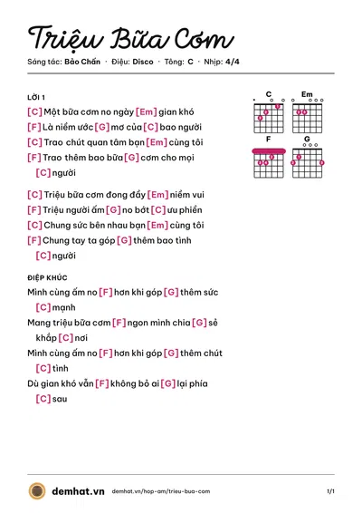 Hợp âm Triệu Bữa Cơm (Đan Trường) – bản nhạc PDF trang 1, tông C