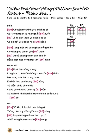 Hợp âm Triệu Đoá Hoa Hồng (Million Scarlet Roses - Triệu đóa hồng) (Don Hồ) – bản nhạc PDF trang 1, tông Em