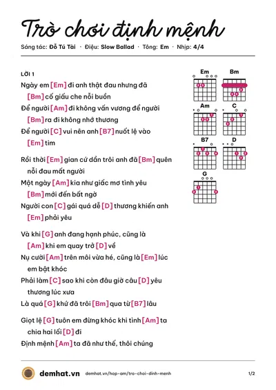Hợp âm Trò chơi định mệnh (Lý Hải) – bản nhạc PDF trang 1, tông Em