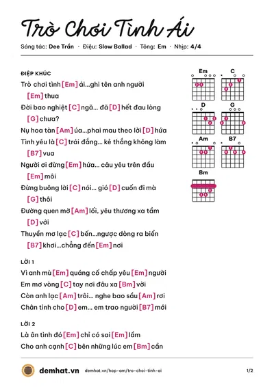 Hợp âm Trò Chơi Tình Ái (Quách Tuấn Du) – bản nhạc PDF trang 1, tông Em