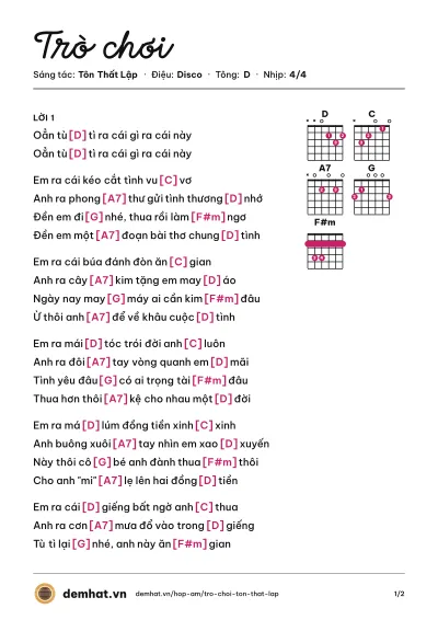 Hợp âm Trò chơi (Hoàng Kim) – bản nhạc PDF trang 1, tông D